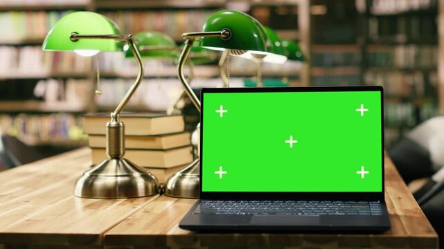 Laptop with green screen copy space in empty library on wooden table, beside green lamps and stack of books, Academic environment with bookshelves used for studying, screen replacement.