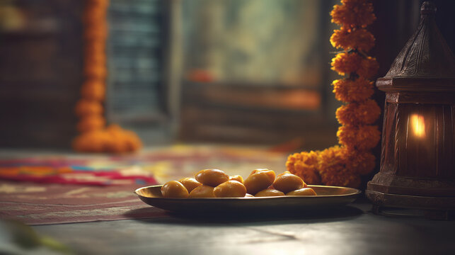 modak. Modak sweets and marigold garlands with clay lantern, Ganesh Chaturthi celebration. representing cultural heritage and milestone achievements.