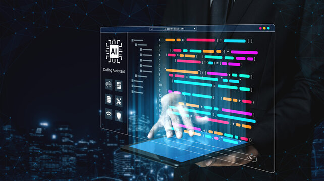 A cutting-edge digital interface with hands of a programmer showcases an AI coding assistant, highlighting vibrant data visualizations and modern technological innovations. Cyphers