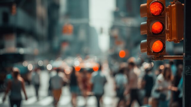Busy urban intersection featuring yellow traffic signal, blurred background of pedestrians crossing street in a vibrant cityscape during daytime