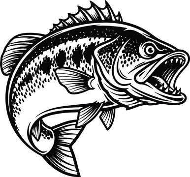 Aggressive jumping bass fish mascot with open mouth vector illustration