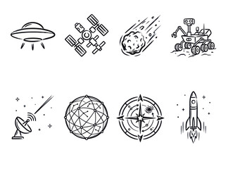 Hand-drawn space exploration icons set featuring UFO, satellite, comet, rover, radar, globe, compass, and rocket. © Molen