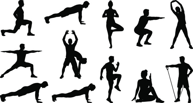 Fitness and exercise silhouette set &ndash; workout, yoga and training poses illustration