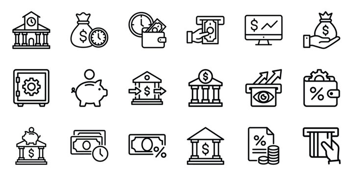 Banking and financial services line icon set with investment security business transaction interest document