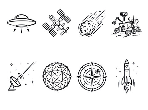 Hand-drawn space exploration icons set featuring UFO, satellite, comet, rover, radar, globe, compass, and rocket.