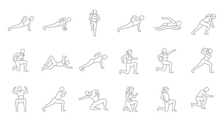 Fototapeta premium Collection of line art silhouettes showing diverse athletic poses and active movements for fitness and sport themes.