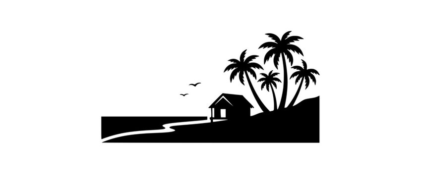 Tropical beach hut and palm trees silhouette illustration