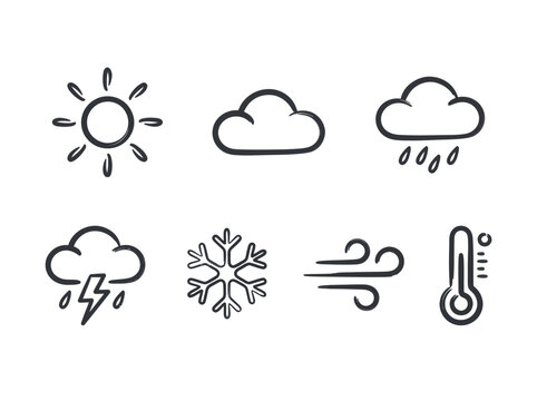 Set of Hand Drawn Weather Icons Representing Different Conditions.