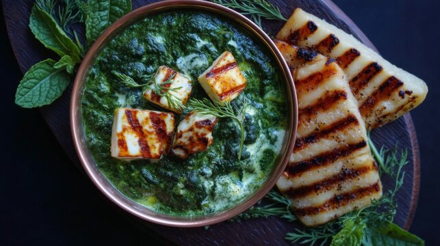 Delicious Creamy Spinach and Grilled Paneer Delight with Fresh Mint Leaves on a Rustic Wooden Platter for Gourmet Food Lovers and Culinary Enthusiasts