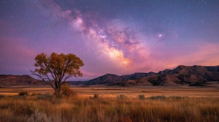 Fototapeta premium Majestic Night Sky Over Serene Landscape with Vibrant Milky Way and Solitary Tree in a Peaceful Valley