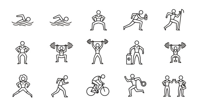 Line drawings of people performing multiple athletic poses and exercises collection.