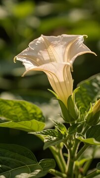 Creamy trumpet flower glowing in warm evening sunlight