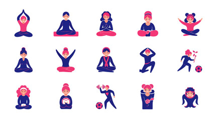 Fototapeta premium Collection of diverse people practicing yoga and meditation in various poses and postures for leisure and well being.