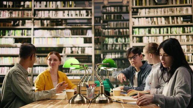 Young university students read and write at shared library table with books and green lamps.