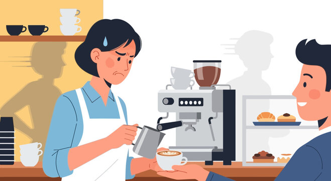 Stressed Barista Making Coffee, Customer Waiting at Cafe Counter
