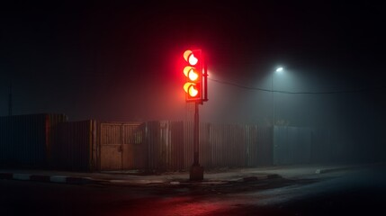 Fototapeta premium Red traffic light glowing in foggy night scene illuminating the dark street with a mysterious atmosphere and minimal visibility around the surrounding area