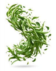 Fototapeta premium Green beans swirling dynamically against a white background with scattered leaves.