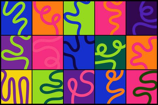 Set of colorful wavy line poster designs &ndash; colorful abstract shapes - bold abstract squiggle curves pattern grid, vibrant backgrounds. for playful modern motion patterns., social media