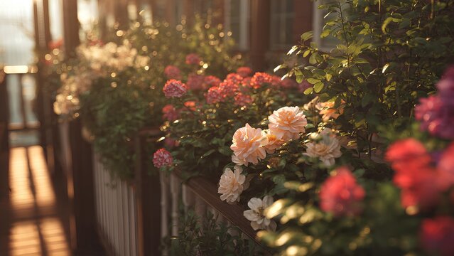 Beautiful blooming flowers in various shades of pink, red, and white in window boxes under soft, warm sunlight.