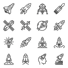 Space exploration and rocket launch line icon set for aerospace and innovation themes with lift off spaceship universe © Qurbani2027