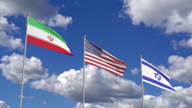 4k Resolution Video: Geopolitical Tension Concept. Iran, USA And Israel Flags Animated Waving On Flagpoles Against Cloudy Blue Sky With Alpha Matte