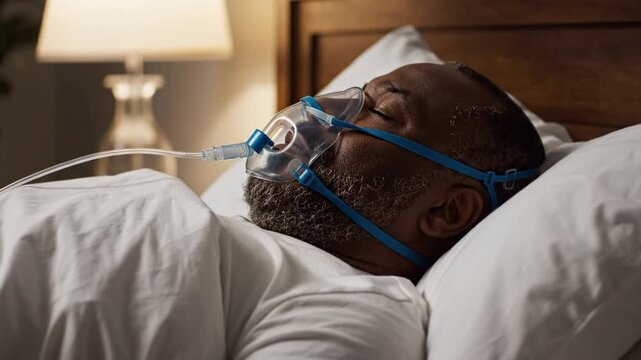 African American man wearing CPAP mask while sleeping in bed at night.