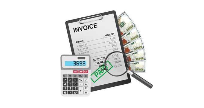 4k Resolution Video: Financial Payment Concept. Invoice With Calculator, Cash, Magnifying Glass And Paid Stamp Animated On White Background With Alpha Matte