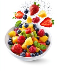 Obraz premium A vibrant bowl of mixed fresh fruit salad with strawberries, blueberries, raspberries, pineapple, kiwi, watermelon, and mint, sprinkled with black seeds.