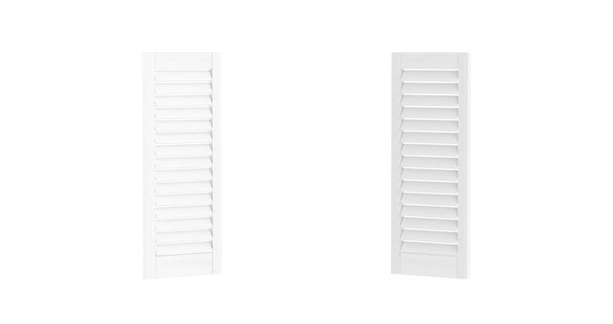 4k Resolution Video: Window Shutters Concept. White Louvered Window Shutters With Hinges And Clean Minimal Style Opening Animation On White Background With Alpha Matte