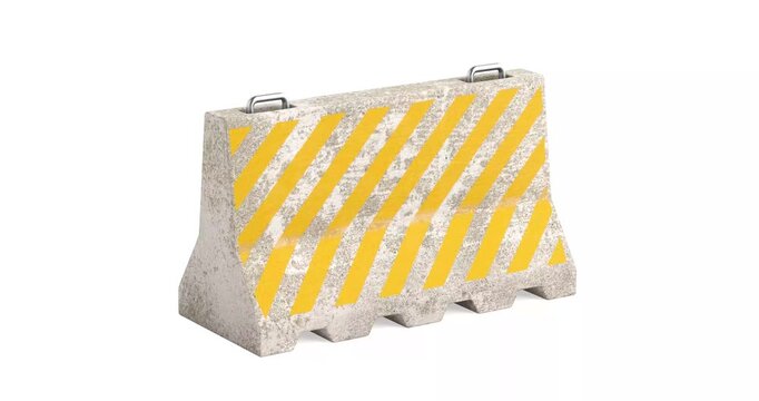 4k Resolution Video: Road Safety Concept. Concrete Traffic Barrier With Yellow Warning Stripes And Metal Handles Seamless Looped Rotation On White Background With Alpha Matte