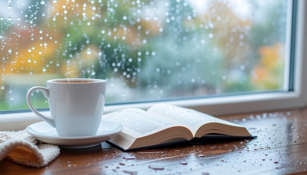 A steaming cup of coffee sits on a saucer next to an open book on a rainy day by the window.