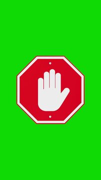 4k Resolution Vertical Video for Social Media: Stop Warning Concept. Red Octagonal Sign With White Hand Symbol Animated On Green Screen Chroma Key Background With Alpha Matte