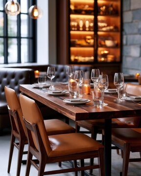 Elegant restaurant table set with glassware, plates, and leather chairs in a cozy, warmly lit dining area.
