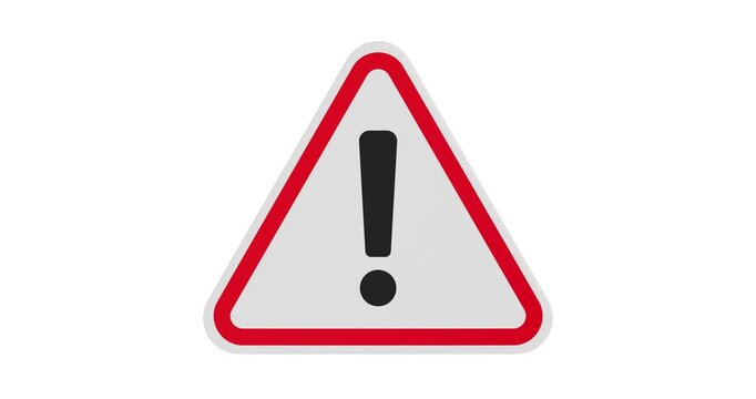 4k Resolution Video: Warning Sign Concept. Red Triangle With Black Exclamation Mark Animated On White Background With Alpha Matte