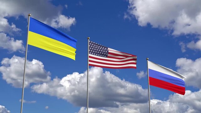Geopolitical Relations Concept. Ukraine, USA And Russia Flags Animated Waving On Flagpoles Against Cloudy Blue Sky With Alpha Matte
