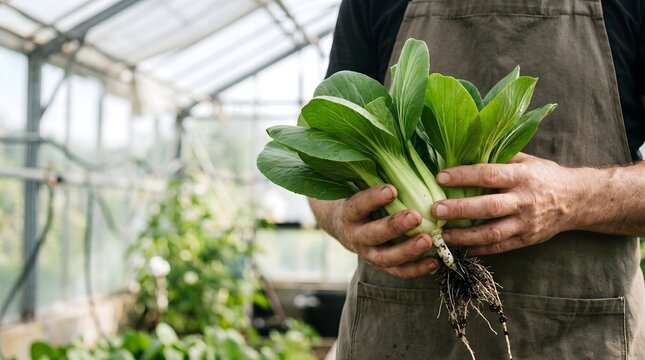 Close-up of male farmer hands holding freshly harvested bok choy 
(pak choi / Chinese cabbage) with soil and roots still attached, 
inside a lush greenhouse. Concept of organic farming, sustainable 
a