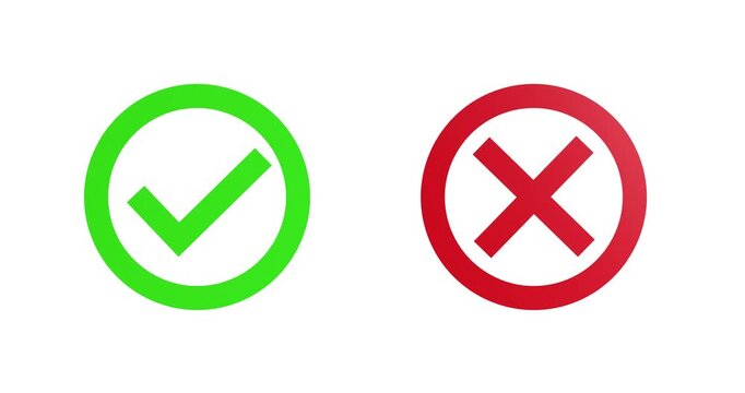 4k Resolution Video: Approval And Rejection Concept. Green Check Mark And Red Cross Icons In Circles Animated On White Background With Alpha Matte