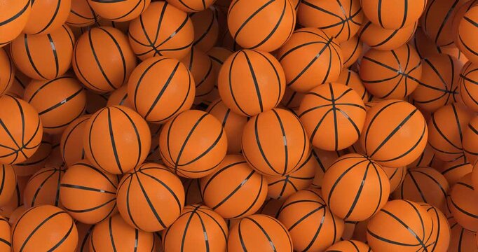 4k Resolution Video: Basketball Sports Concept. Animated Falling Orange Basketballs Forming Piles On White Background With Alpha Matte