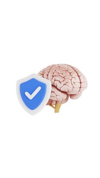 4k Resolution Vertical Video for Social Media: Brain Security Concept. Human Brain With Blue Shield And Check Mark Animated On Green Screen Chroma Key Background With Alpha Matte