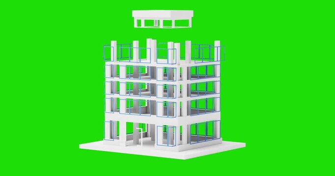 4k Resolution Video: Real Estate Development And Building Construction Progress Concept. Modern Office Building Construction Progress Animated On Green Screen Chroma Key Backgroun With Alpha Matte