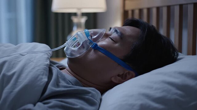 Asian man wearing oxygen mask while sleeping in bed for respiratory therapy at night