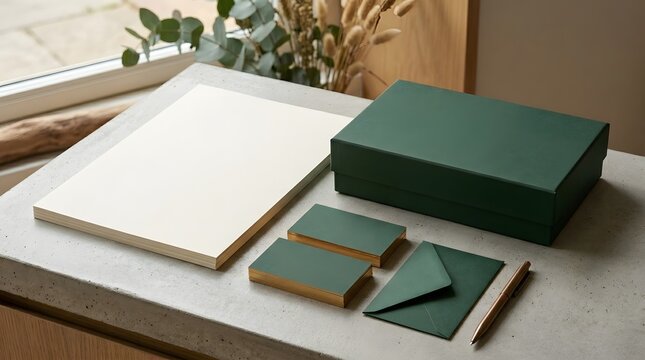 Minimalist green stationery set on wooden desk with natural light.