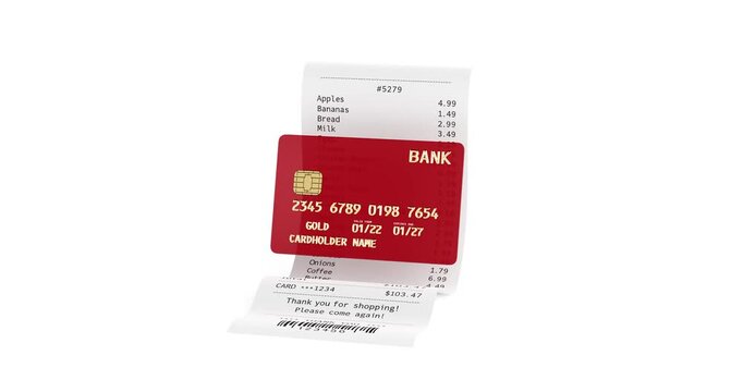 4k Resolution Video: Cashless Shopping Concept. Red Bank Card With Grocery Receipt And Barcode Animated On White Background