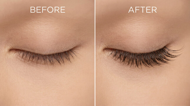 Closeup of a womans eye before and after using an eyelash growth serum, showing longer, thicker, and more voluminous eyelashes