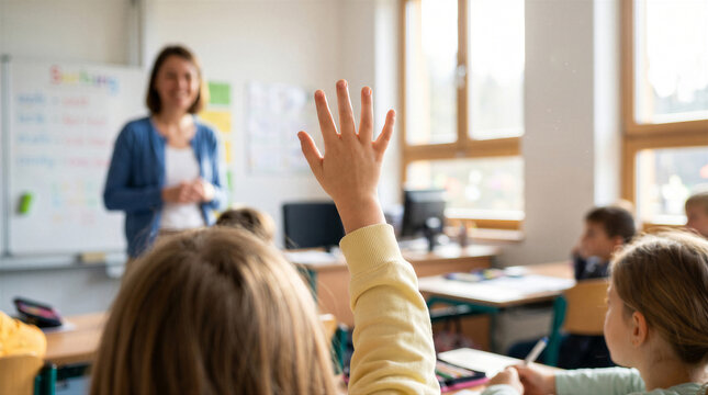 A student raising their hand in a classroom with a teacher in the background