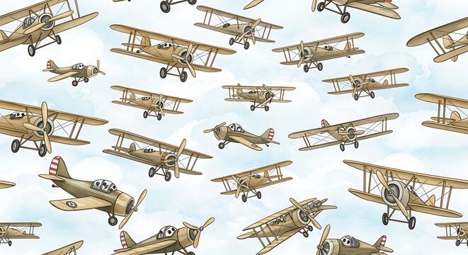 Seamless pattern of vintage biplane aircraft against a light blue sky