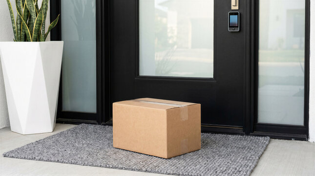 Cardboard delivery box sitting on a grey doormat in front of a modern black front door with a smart doorbell camera