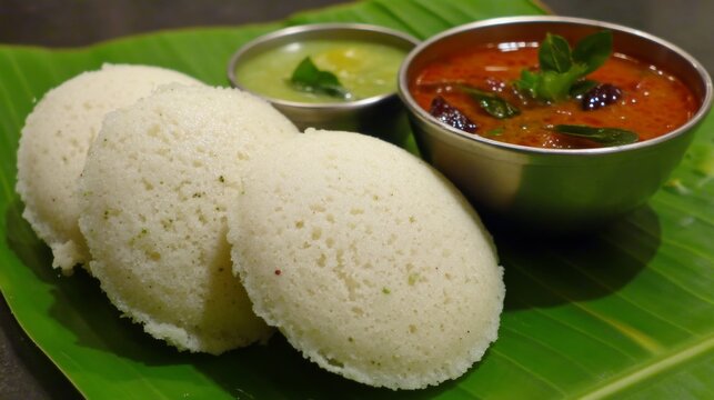 Traditional Indian Cuisine Featuring Idli Served on Banana Leaf with Sambar and Coconut Chutney in Authentic Presentation