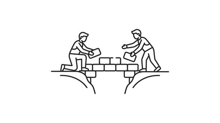 Obraz premium Two workers building a stone bridge together.