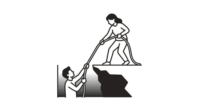 A woman pulling a man out of a deep pit with a rope.